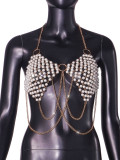 Fashion Pearl Patchwork Halter Neck Top Body Chain Outer Strap Vest