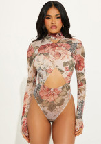 Women's Sexy Winter Hollow Print Long Sleeve Round Neck Slim Bodysuit