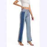 Women's Winter Fashion Slim Patchwork Contrast Color High Waist Casual Straight Denim Pants