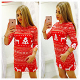 Half-Sleeve Christmas Deer Print Slim Dress