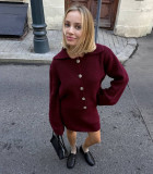 Autumn And Winter Fashionable Turndown Collar Bell Bottom Sleeve Cardigan Short Skirt Woolen Two Piece Set