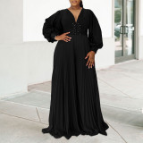 Plus Size Women's Autumn And Winter Long Sleeve Beaded Sexy Wide Leg Pleated Africa Jumpsuit