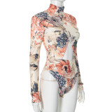 Women's Sexy Winter Hollow Print Long Sleeve Round Neck Slim Bodysuit