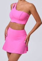 Slash Shoulder Bra Pocket Short Skirt Yoga Set Quick Dry Tank Fitness Running Tennis Women Sportswear