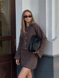 Autumn And Winter Fashionable Turndown Collar Bell Bottom Sleeve Cardigan Short Skirt Woolen Two Piece Set