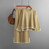 Autumn And Winter Chic Contrast Color Split Long Sleeve Knitting Top High Waist Wide Leg Pants Two-Piece Set