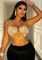 Fashion Pearl Patchwork Halter Neck Top Body Chain Outer Strap Vest