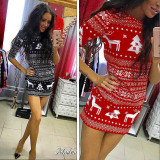Half-Sleeve Christmas Deer Print Slim Dress