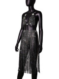 Strap Low Back Nightclub Sexy Fishnet Skirt Set