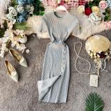 Summer Solid Color Round Neck Button Slim Short Sleeve Elastic Knitting Slit Bodycon Dress