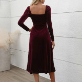 Women's Autumn And Winter Velvet Long Sleeve Slit Party Dress