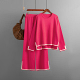 Autumn And Winter Chic Contrast Color Split Long Sleeve Knitting Top High Waist Wide Leg Pants Two-Piece Set