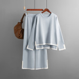 Autumn And Winter Chic Contrast Color Split Long Sleeve Knitting Top High Waist Wide Leg Pants Two-Piece Set