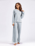 Autumn And Winter Chic Contrast Color Split Long Sleeve Knitting Top High Waist Wide Leg Pants Two-Piece Set
