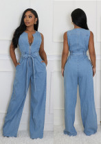 Tight Slim Elastic Waist Straight Loose Denim Jumpsuit Tight Slim Elastic Waist Straight Loose Denim Jumpsuit