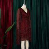 Women's Winter Fashion Chic Elegant V-Neck Long Sleeve Africa Evening Dress