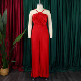 Women's Summer Halter Neck Flower Solid Color Wide Leg Plus Size Jumpsuit