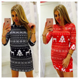 Half-Sleeve Christmas Deer Print Slim Dress