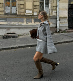 Autumn And Winter Fashionable Turndown Collar Bell Bottom Sleeve Cardigan Short Skirt Woolen Two Piece Set