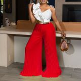 Women's Sexy Ruffle Sleeveless Top Wide Leg Pants Fashion Suit