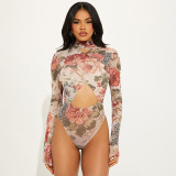 Women's Sexy Winter Hollow Print Long Sleeve Round Neck Slim Bodysuit