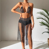 Strap Low Back Nightclub Sexy Fishnet Skirt Set