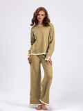 Autumn And Winter Chic Contrast Color Split Long Sleeve Knitting Top High Waist Wide Leg Pants Two-Piece Set