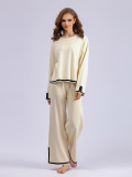 Autumn And Winter Chic Contrast Color Split Long Sleeve Knitting Top High Waist Wide Leg Pants Two-Piece Set