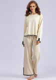 Autumn And Winter Chic Contrast Color Split Long Sleeve Knitting Top High Waist Wide Leg Pants Two-Piece Set