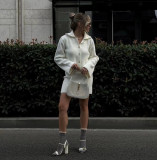 Autumn And Winter Fashionable Turndown Collar Bell Bottom Sleeve Cardigan Short Skirt Woolen Two Piece Set