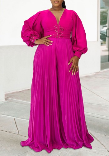 Plus Size Women's Autumn And Winter Long Sleeve Beaded Sexy Wide Leg Pleated Africa Jumpsuit