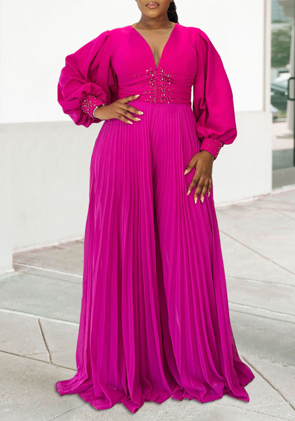 Plus Size Women's Autumn And Winter Long Sleeve Beaded Sexy Wide Leg Pleated Africa Jumpsuit
