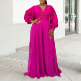 Plus Size Women's Autumn And Winter Long Sleeve Beaded Sexy Wide Leg Pleated Africa Jumpsuit