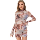 Printed Round Neck Bell Bottom Sleeve Women's Summer Slit Bodycon Dress