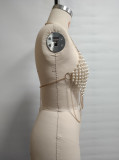 Fashion Pearl Patchwork Halter Neck Top Body Chain Outer Strap Vest