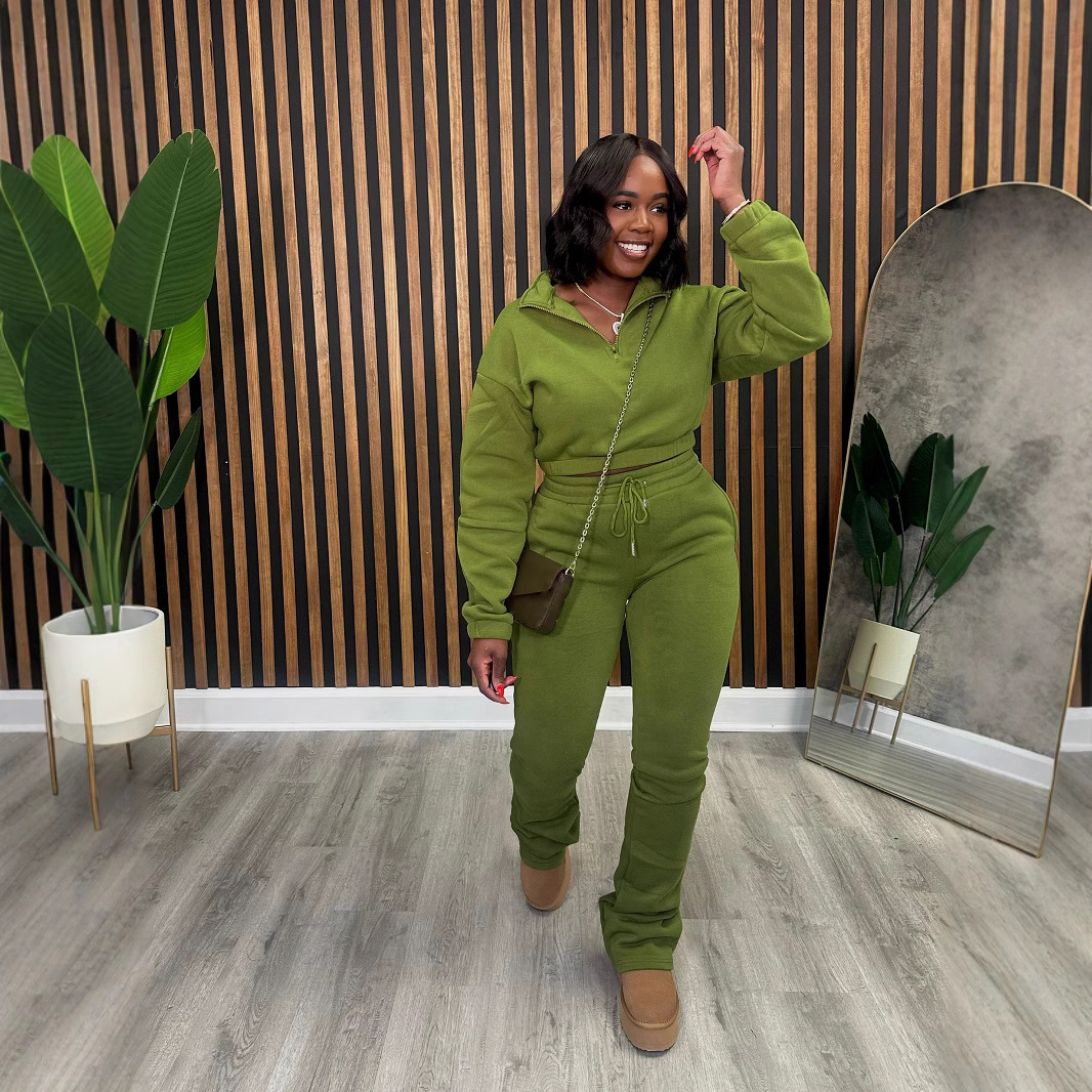 Women Fall and Winter Zipper Hoodies and Pants Sports Two Piece Set