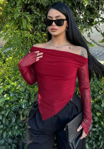 Women autumn elegant Slash Shoulder Mesh long sleeve Top