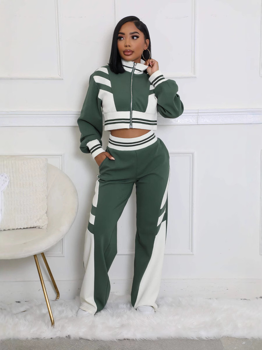 Women autumn and winter high collar zipper Top and Contrast Color trousers Two Piece Set