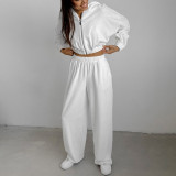 Women Autumn and Winter White Casual knitting velvet Hooded Long Sleeve Top and Pants Two Piece Set