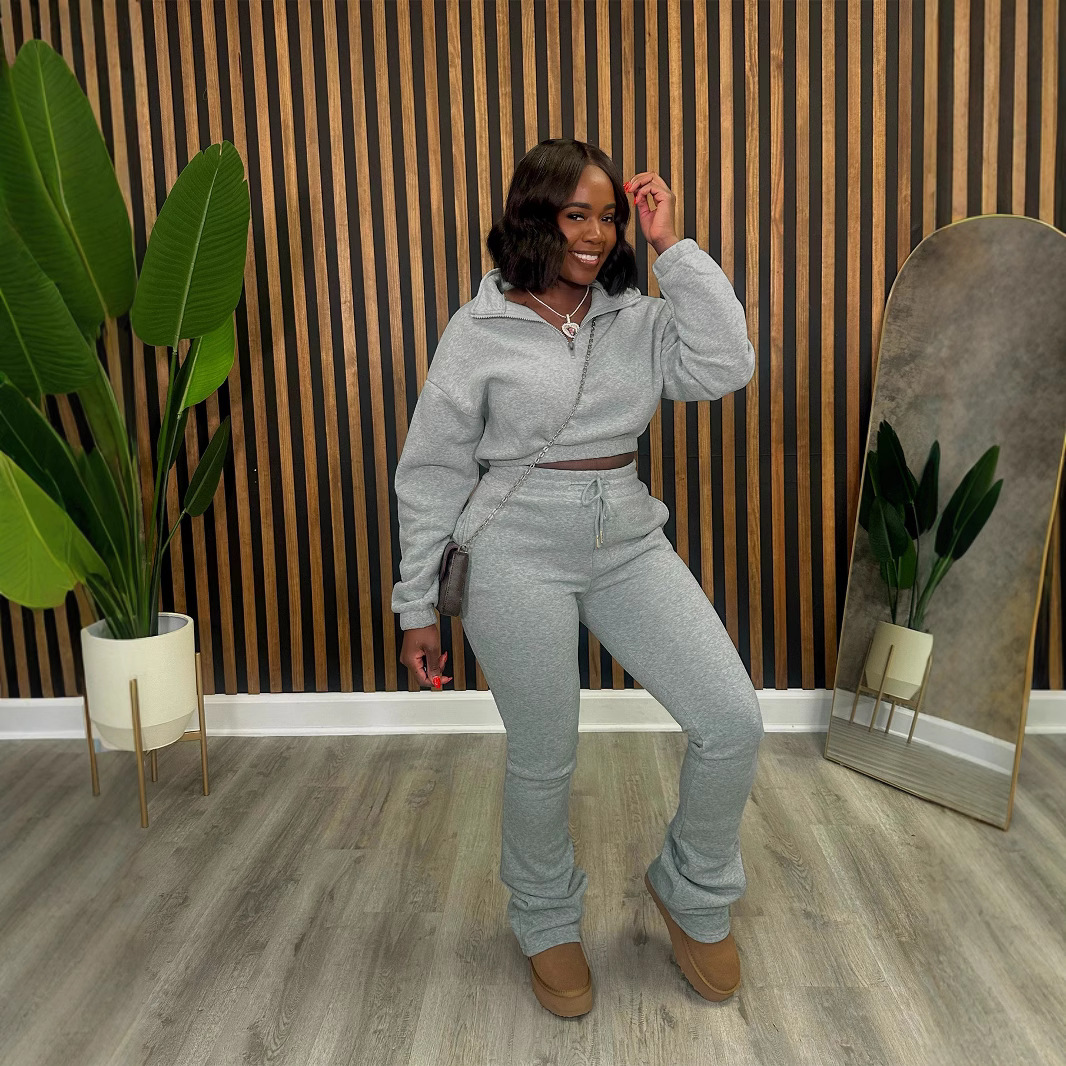 Women Fall and Winter Zipper Hoodies and Pants Sports Two Piece Set