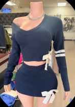 Women bow long sleeve Top and Mini Skirt Two Piece Set