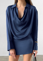 Women Autumn and Winter Elegant Blue Satin Irregular Long Sleeve Dress