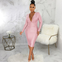 Women Sexy Solid Shiny Long Sleeve V-Neck Dress
