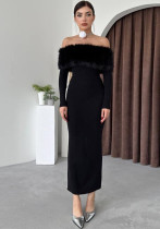 Women Fall Elegant Off Shoulder Fur Collar Dress