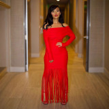 Women sexy Off Shoulder tassel long sleeve off-shoulder wrap dress