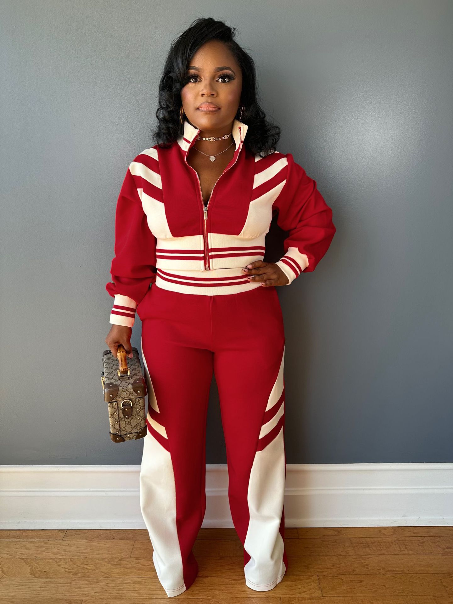 Women autumn and winter high collar zipper Top and Contrast Color trousers Two Piece Set