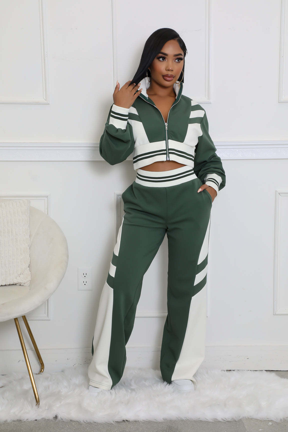 Women autumn and winter high collar zipper Top and Contrast Color trousers Two Piece Set