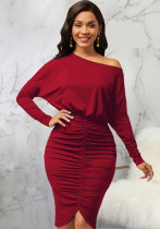 Sexy Fashion Solid Color Slash Shoulder Wrinkled Women's Dress