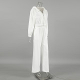 Women Autumn and Winter White Casual knitting velvet Hooded Long Sleeve Top and Pants Two Piece Set