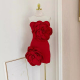 Sexy Red Strapless Chic Flower Decorative Dress